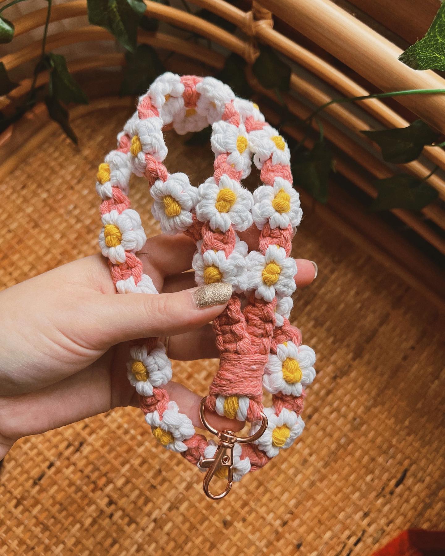 Macrame Flower Lanyard with custom color choice and a metal clasp