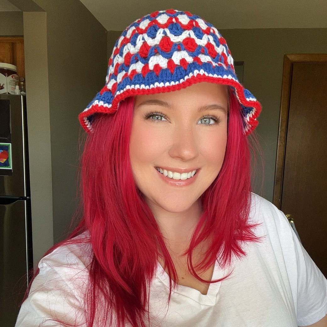 Crochet Bucket Hat - Red, White & Blue – Beautiful Soul  display picture 1