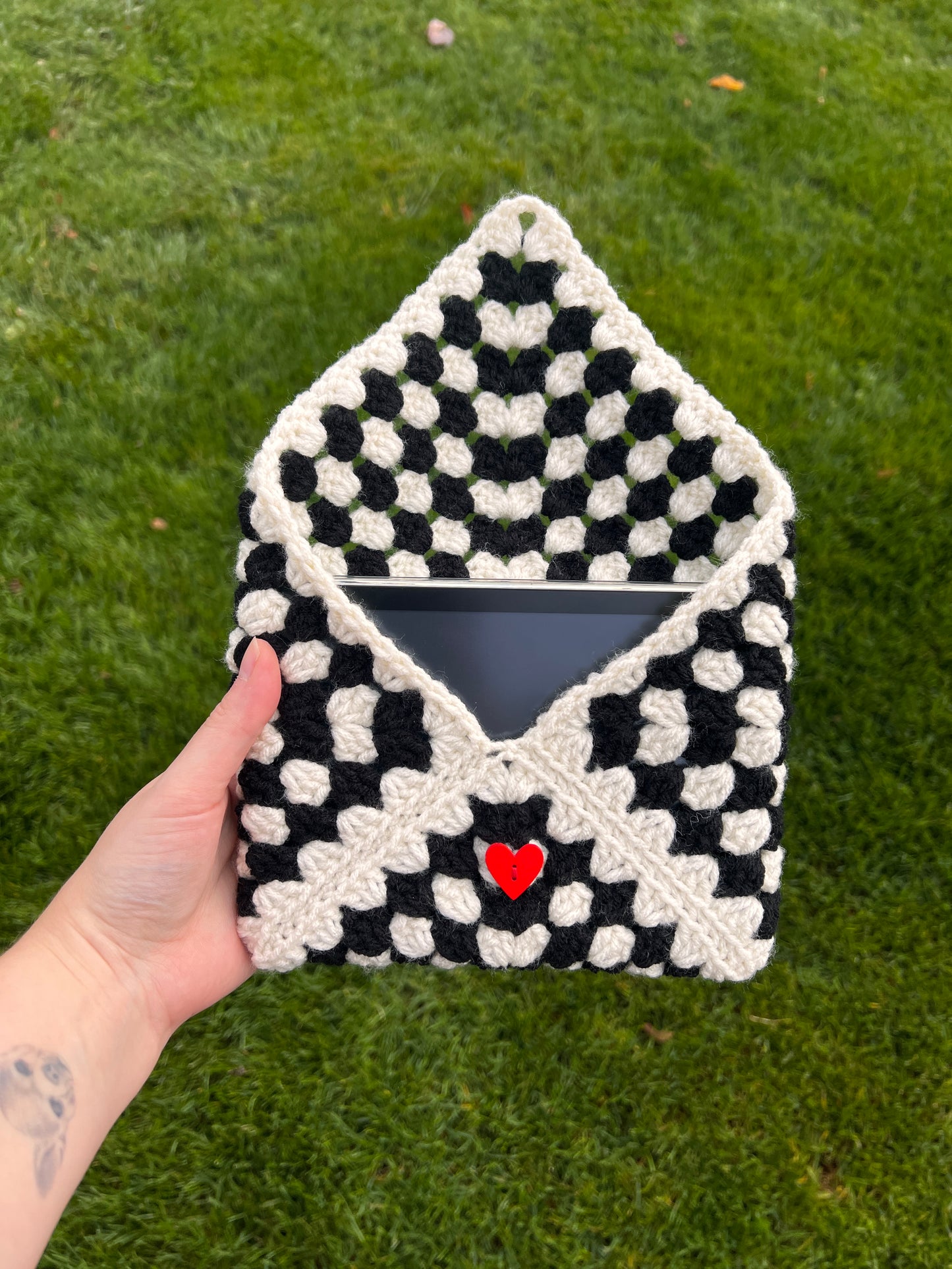 Black & White Kindle/Book Sleeve with Red Heart Button