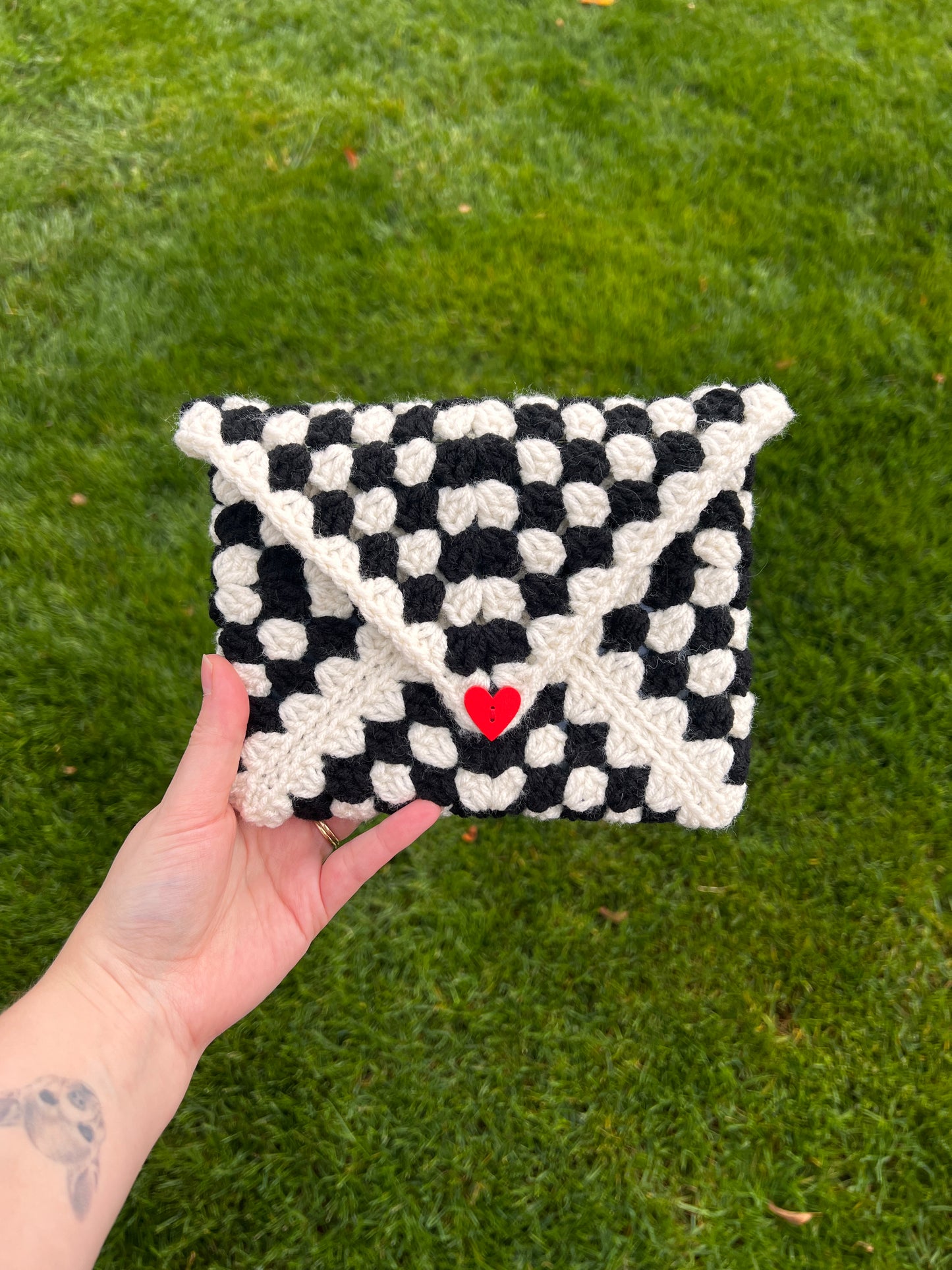 Black & White Kindle/Book Sleeve with Red Heart Button