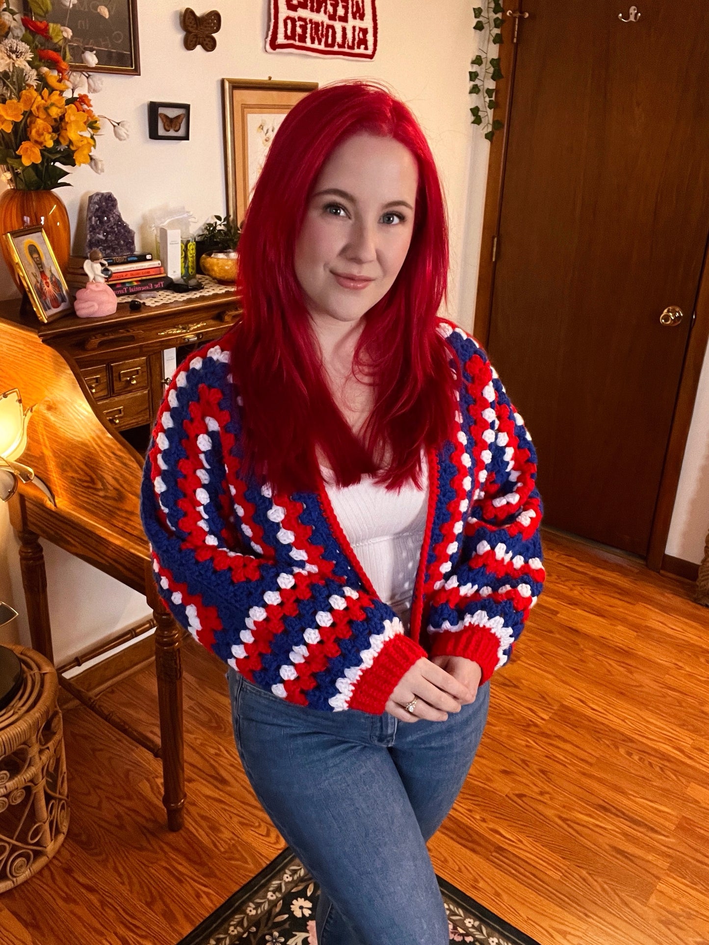 Red, White & Blue Crochet Cardigan Buffalo Bills Sweater