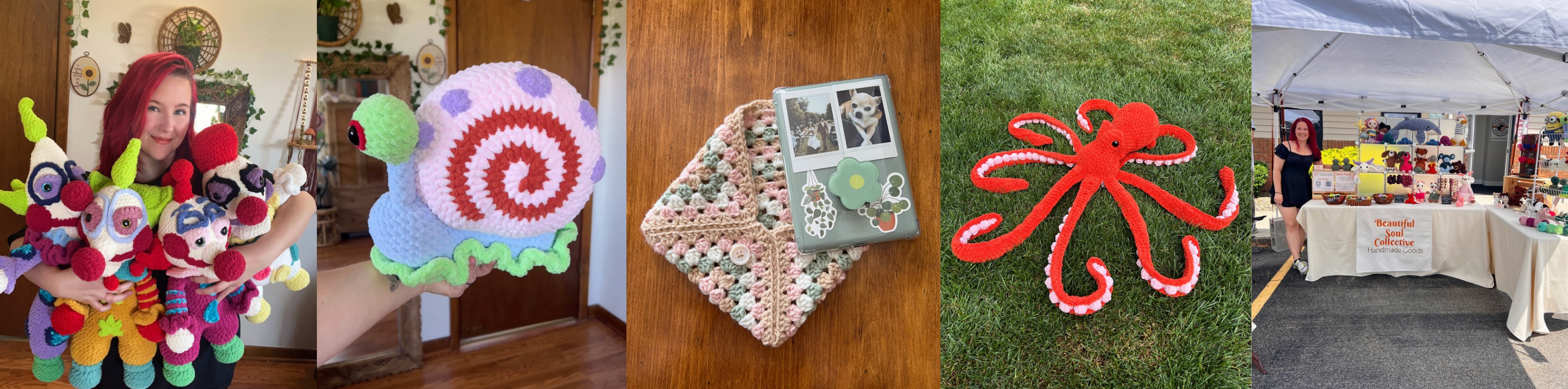 Collage of various craft projects including a colorful snail, a red octopus, and a person at a craft fair.
