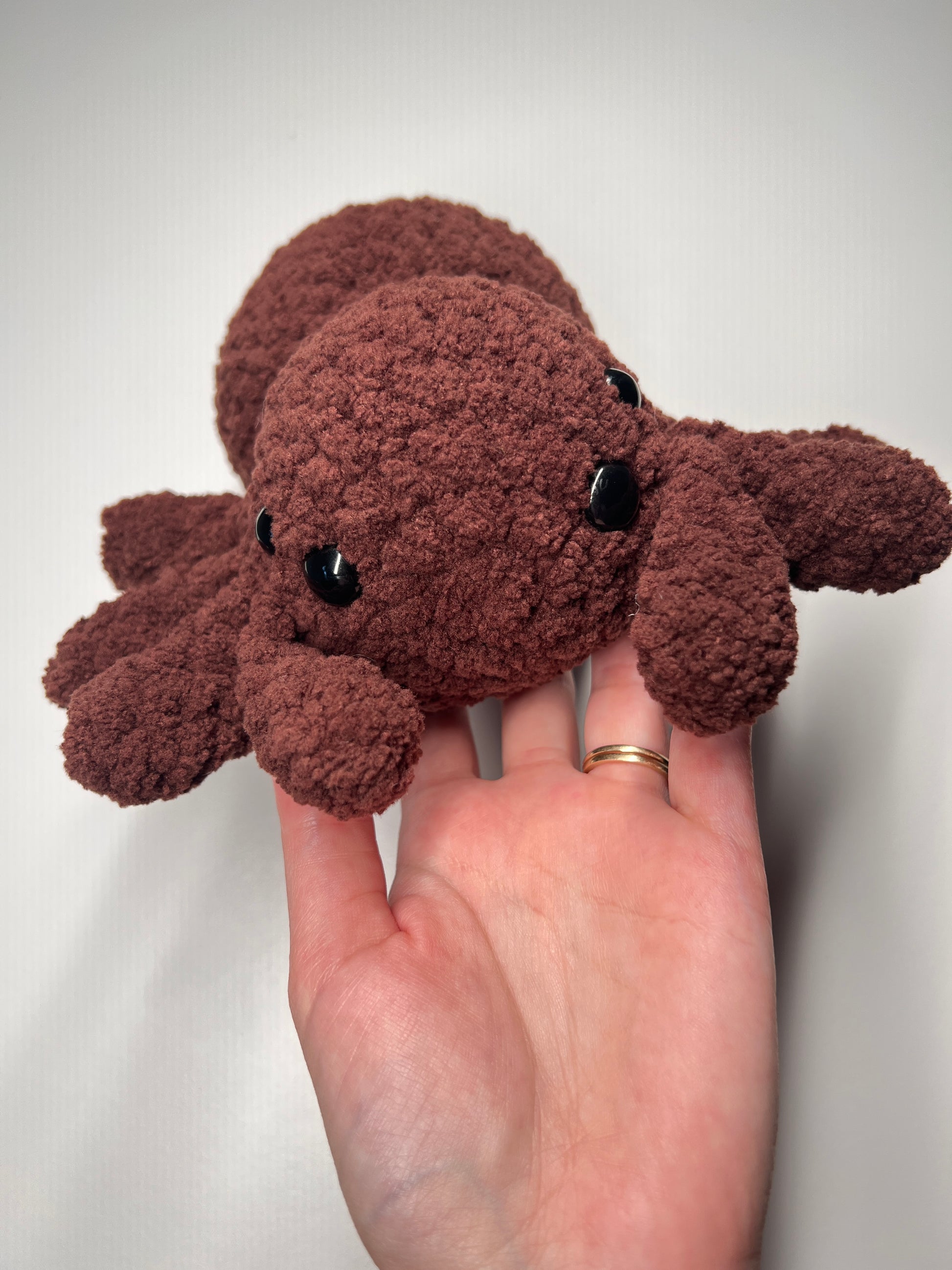 Small brown plush spider toy held in a hand against a plain background