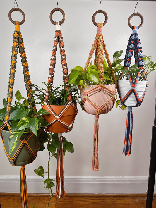 Macrame plant hangers inspired by crochet granny squares, 4 size lengths and over 30 different color combinations to create your ideal plant hanger for any space in your home or office!