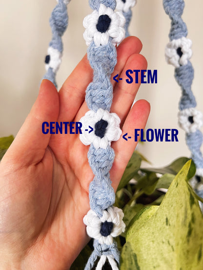 Hand holding a macrame plant hanger with flower designs, labeled 'stem', 'center', and 'flower'.
