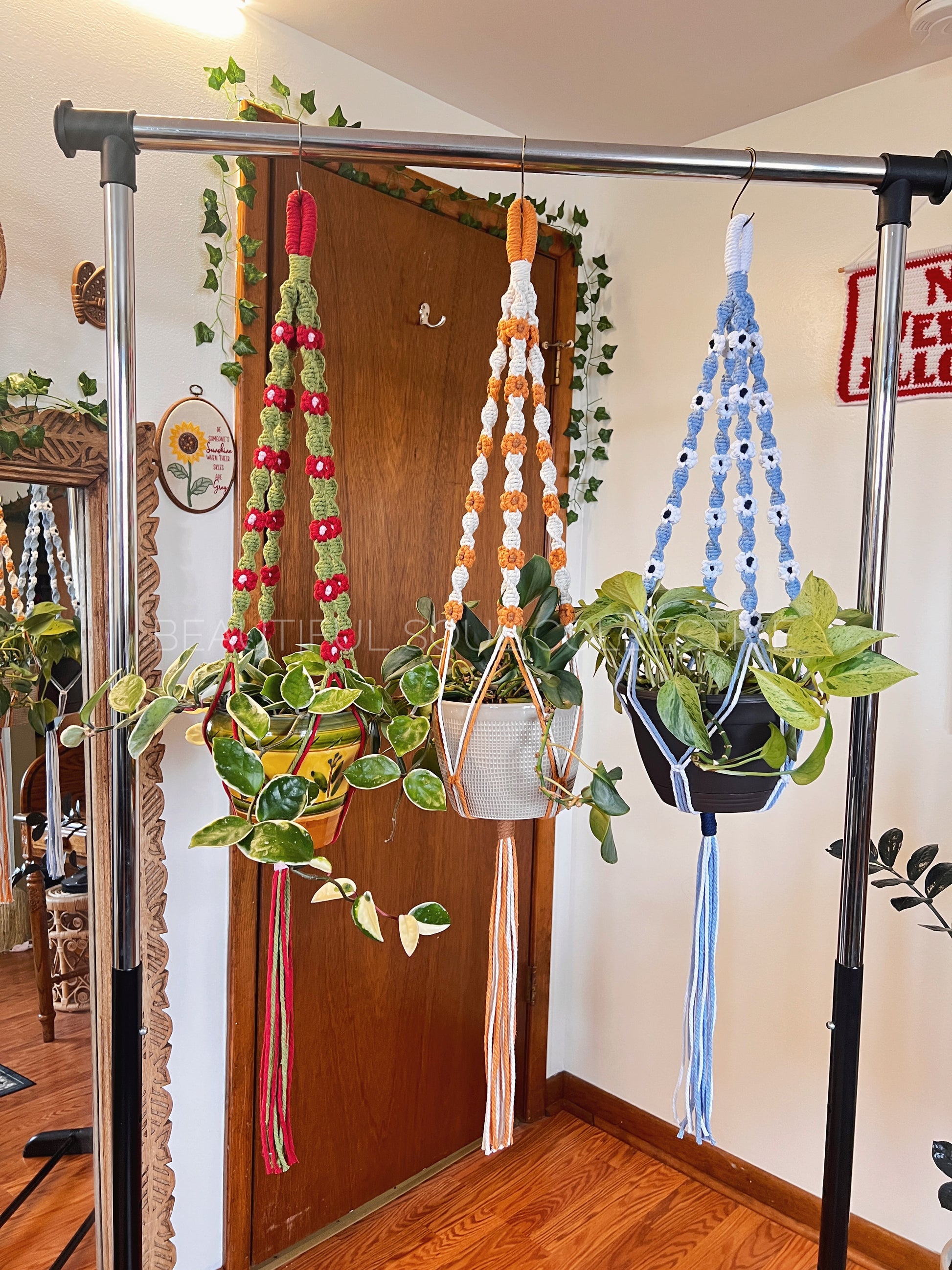 hanging planter rod Macrame Plant Hanger with Flower and Spiral Design – Beautiful Soul Collective